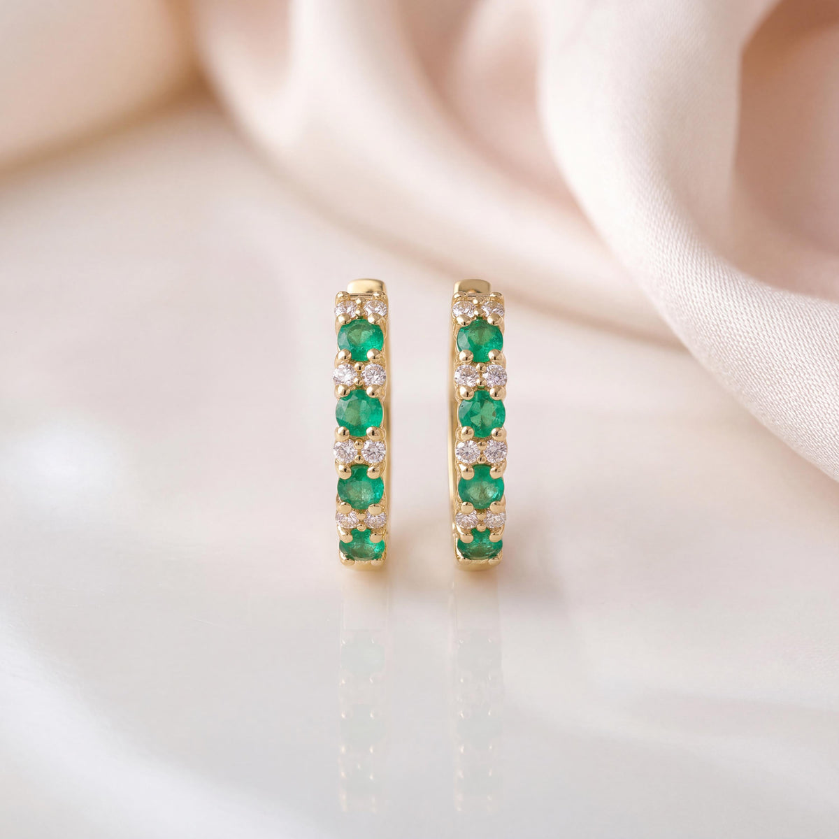 Emerald and Diamond Huggie Hoop Earrings | 14k Solid Gold and 18k Solid White Gold