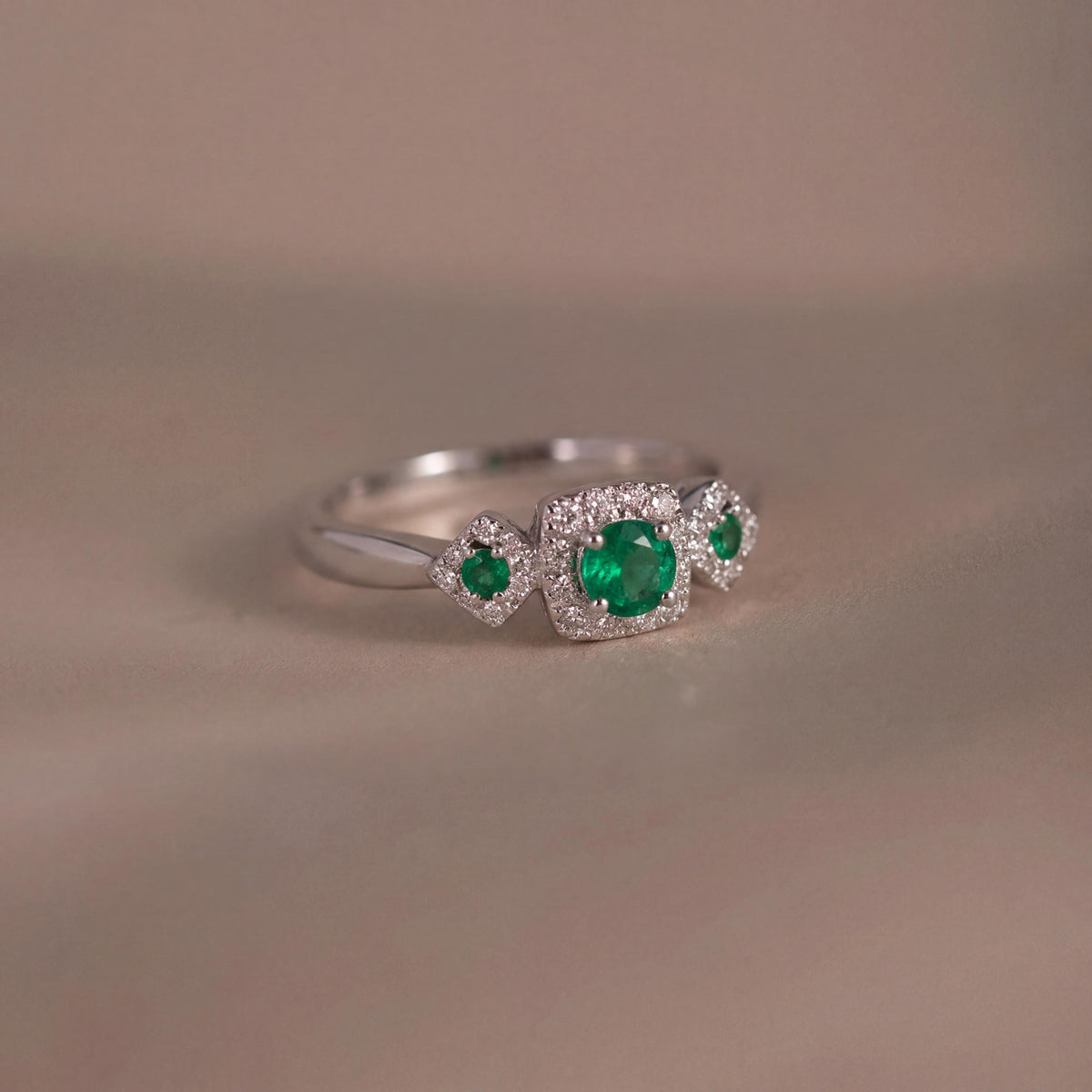 Genuine Emerald and Diamond Ring in 14k Solid White Gold