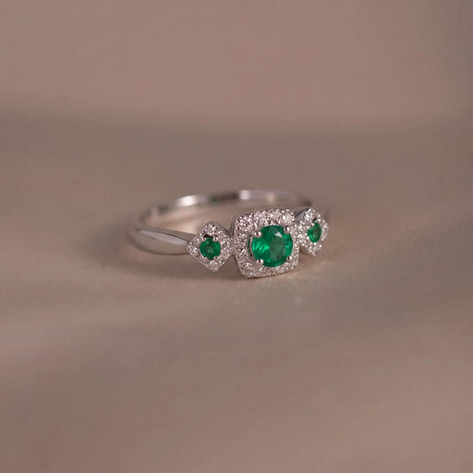 Genuine Emerald and Diamond Ring in 14k Solid White Gold