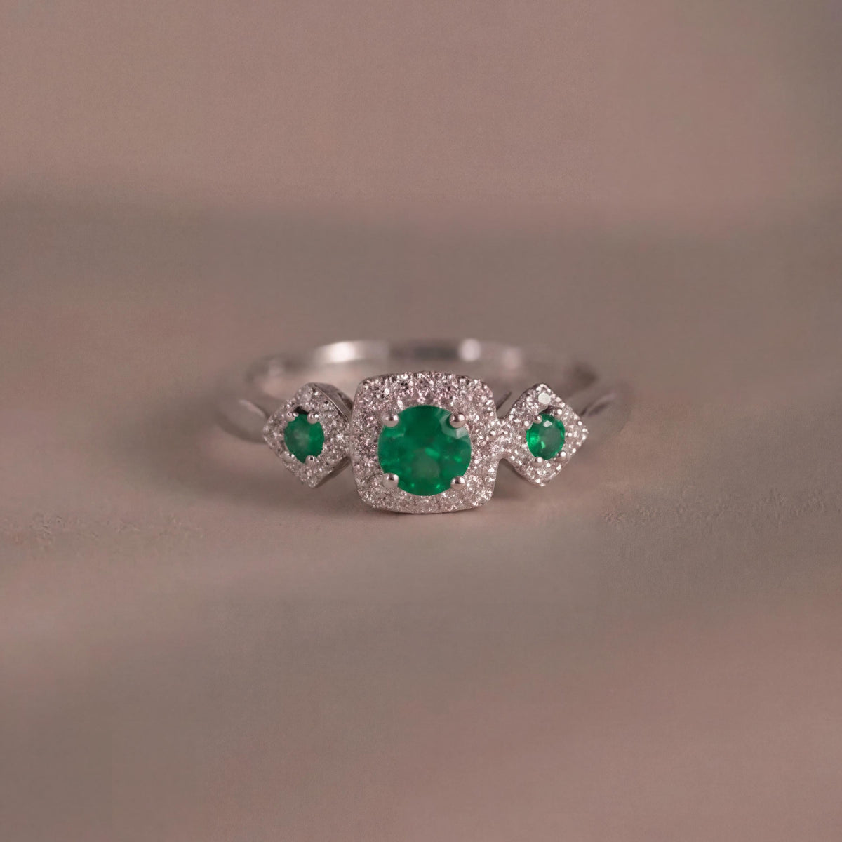 Genuine Emerald and Diamond Ring in 14k Solid White Gold