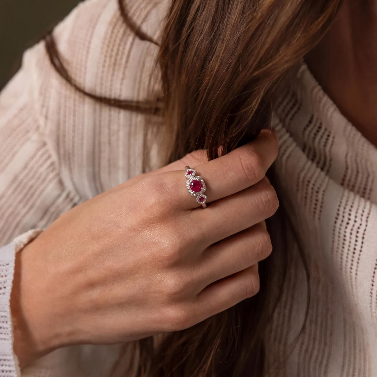 Genuine Ruby and Trio Diamond Ring | 14k Solid White Gold