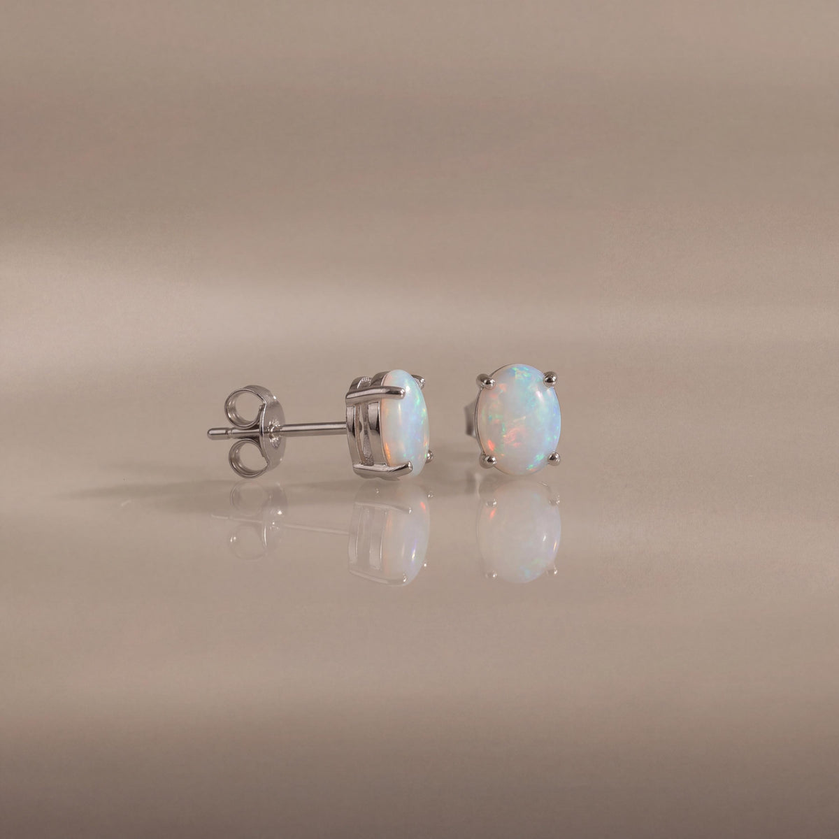 Genuine Opal Oval Cut Solitaire Stud Earrings in 14k Solid Gold