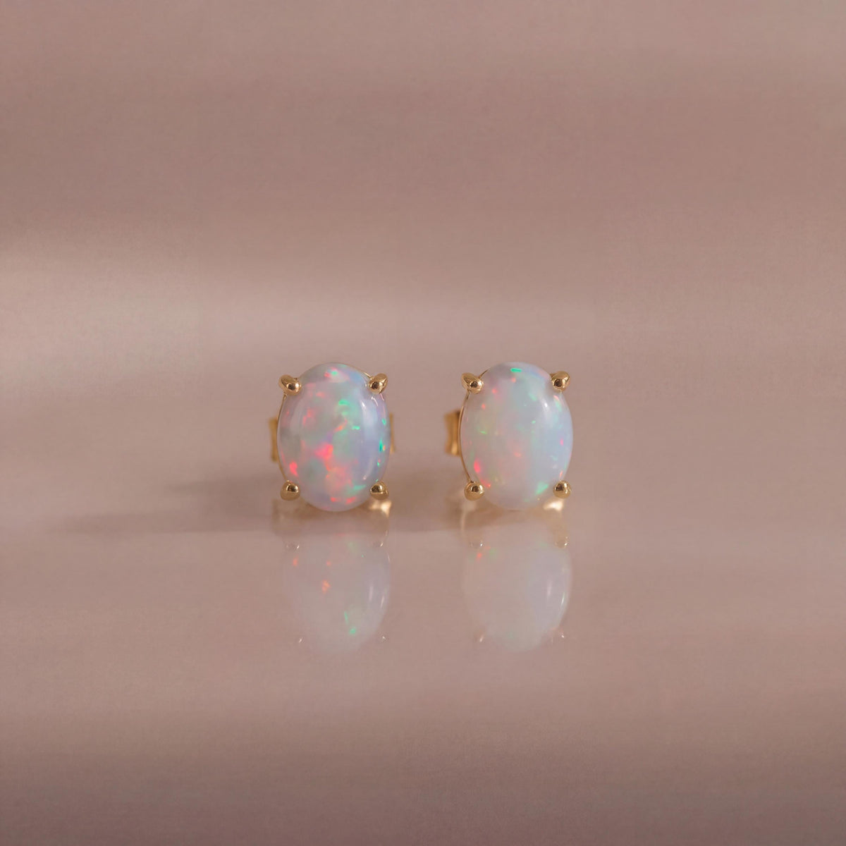 Genuine Opal Oval Cut Solitaire Stud Earrings in 14k Solid Gold