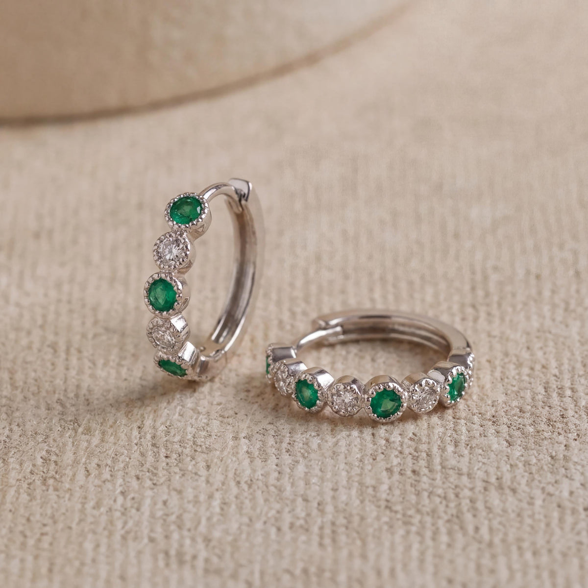 Genuine Emerald and Diamond Medium Hoop Earrings in 14k Solid Gold