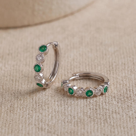 Genuine Emerald and Diamond Medium Hoop Earrings in 14k Solid Gold