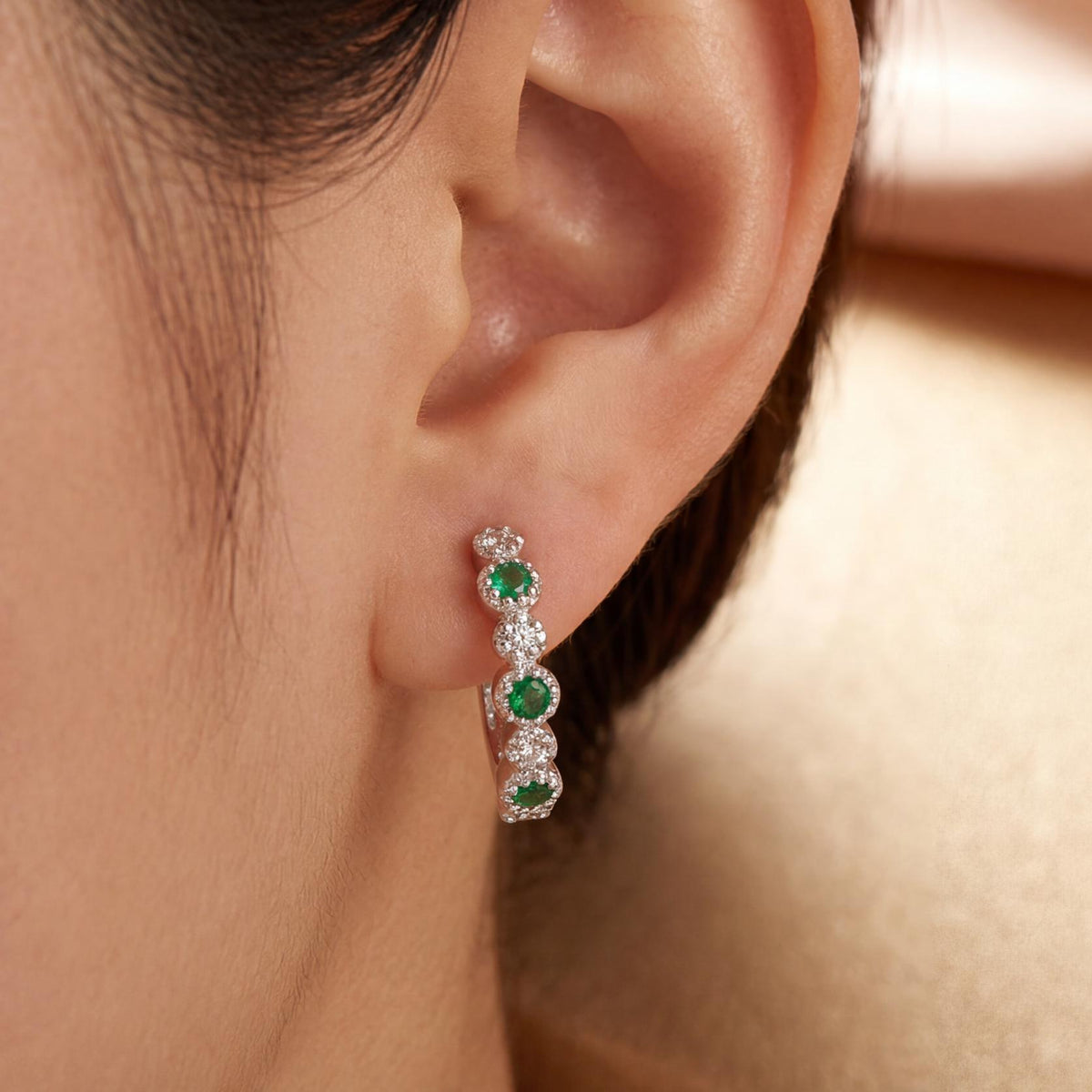 Genuine Emerald and Diamond Medium Hoop Earrings in 14k Solid Gold