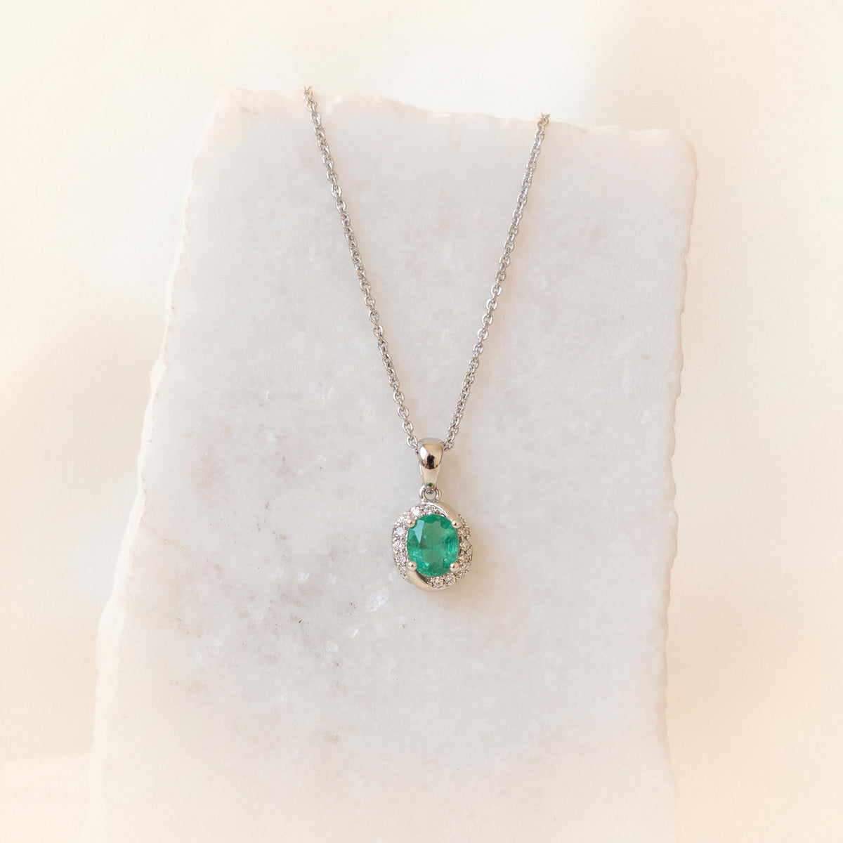 Genuine Oval Emerald and Diamond Pendant in 14k Solid White Gold