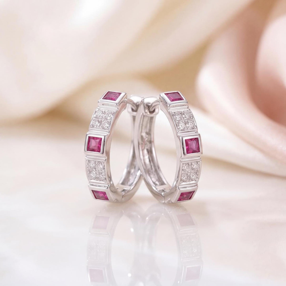 Genuine Ruby and Diamond Eternity Square Hoop Earrings in 14k Solid Gold