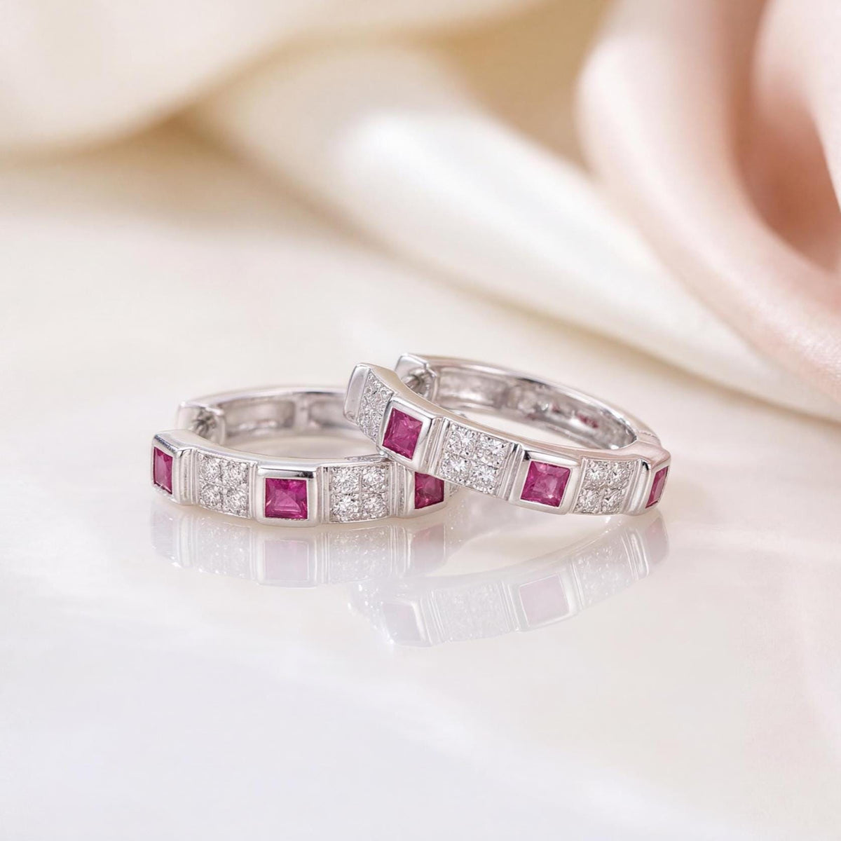 Genuine Ruby and Diamond Eternity Square Hoop Earrings in 14k Solid Gold