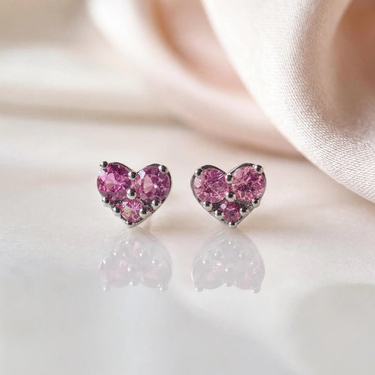 Natural Pink Sapphire Studs / 14k Solid Gold Heart Earrings