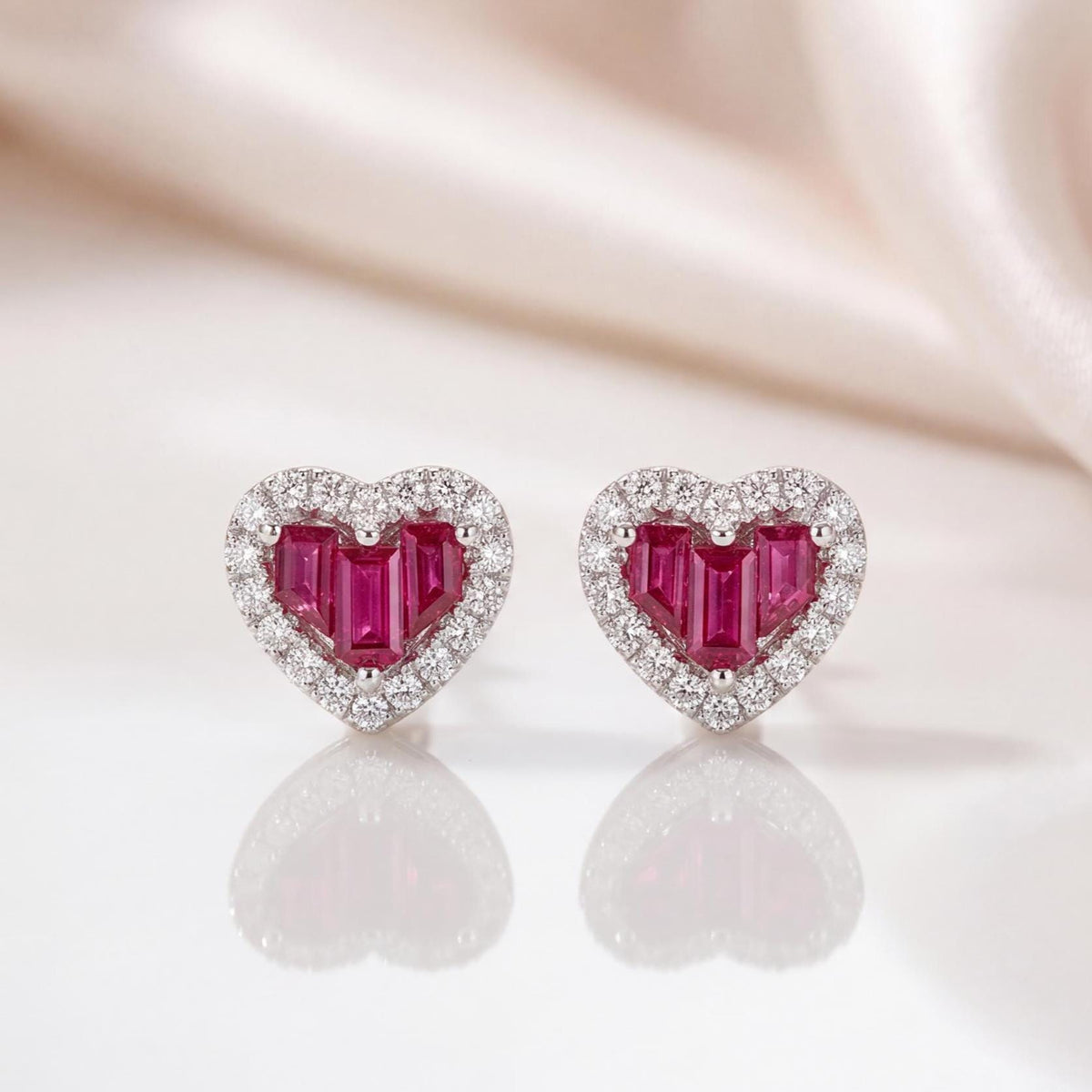 Genuine Ruby and Diamond Heart Earrings in 14k Solid Gold