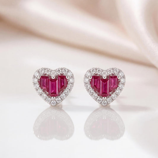 Genuine Ruby and Diamond Heart Earrings in 14k Solid Gold