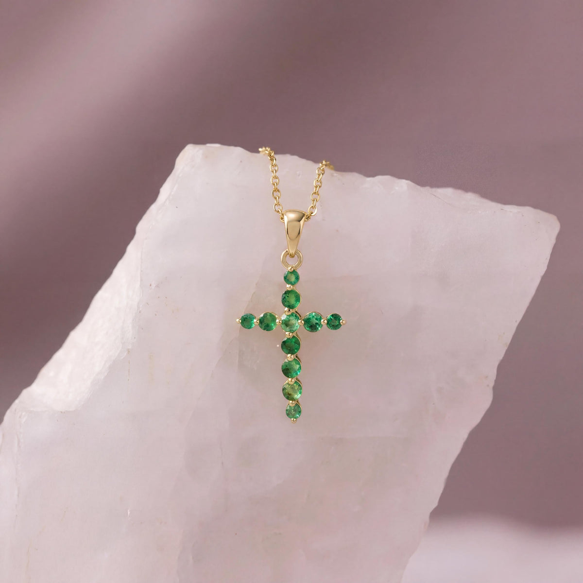 Genuine Emerald Round Cut Cross Pendant in 14k Solid Gold