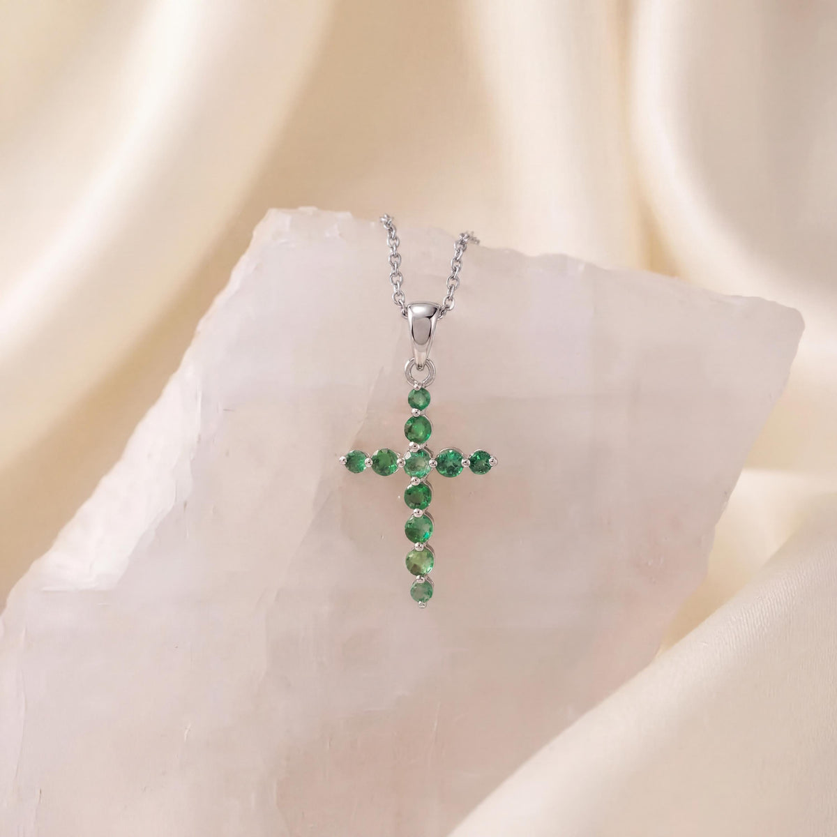 Genuine Emerald Round Cut Cross Pendant in 14k Solid Gold
