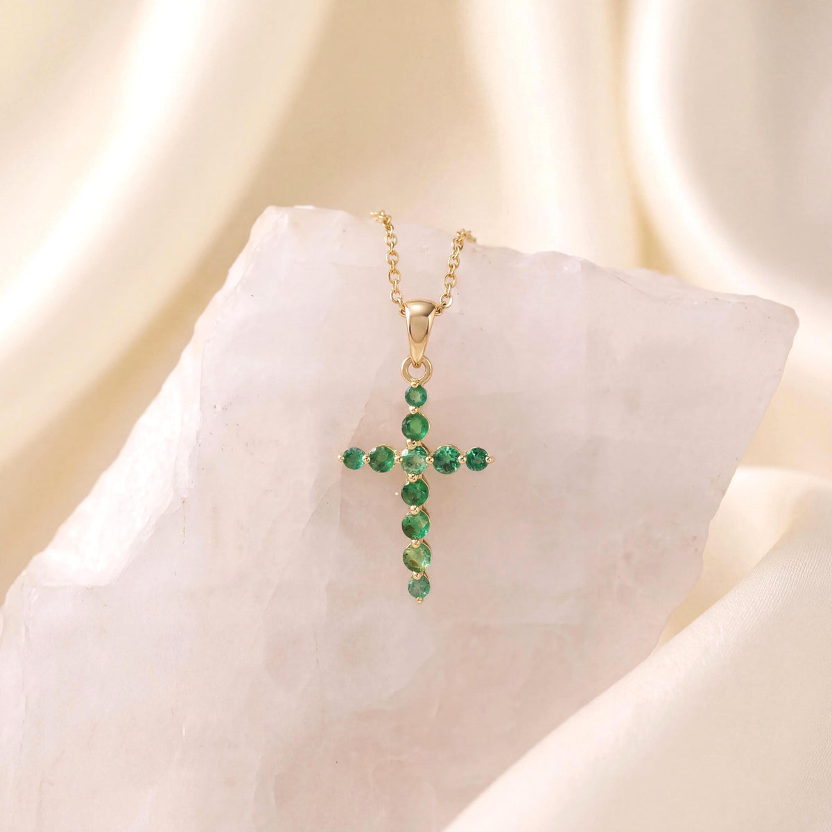 Genuine Emerald Round Cut Cross Pendant in 14k Solid Gold
