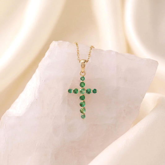Genuine Emerald Round Cut Cross Pendant in 14k Solid Gold