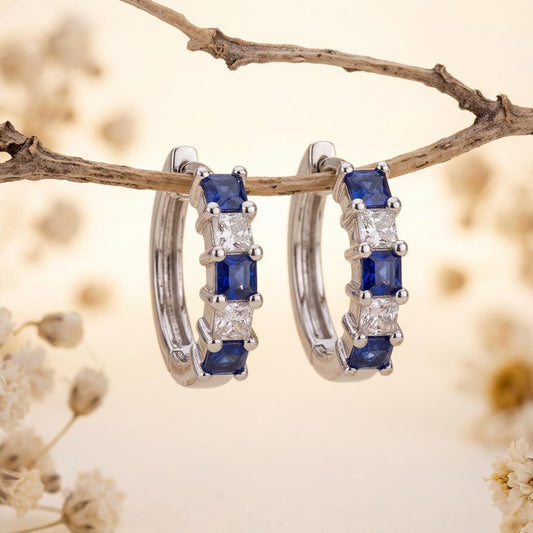 Genuine Sapphire and Diamond Princess Cut Hoop Earrings in 18k Solid Gold