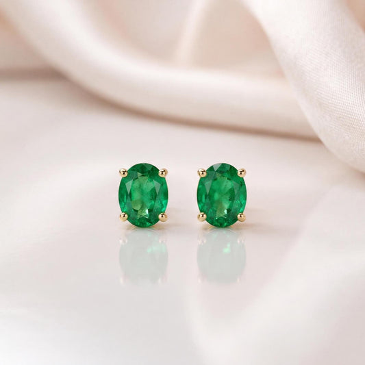 Genuine Emerald Oval Cut Stud Earrings in 14k Solid Gold