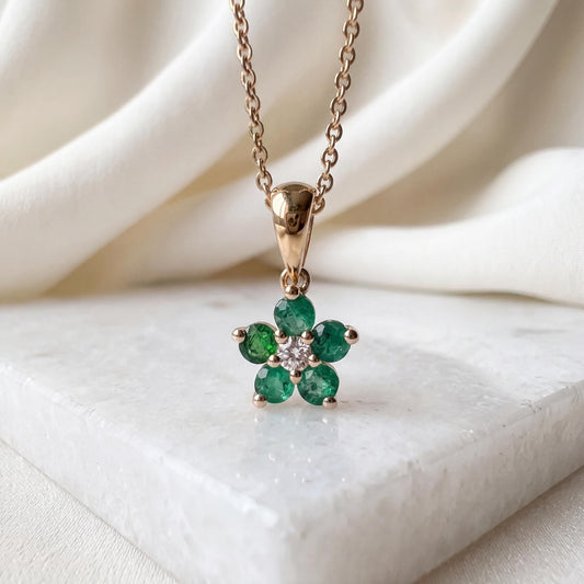 Genuine Emerald and Diamond Flower Pendant (Mini) in 14k Solid Gold
