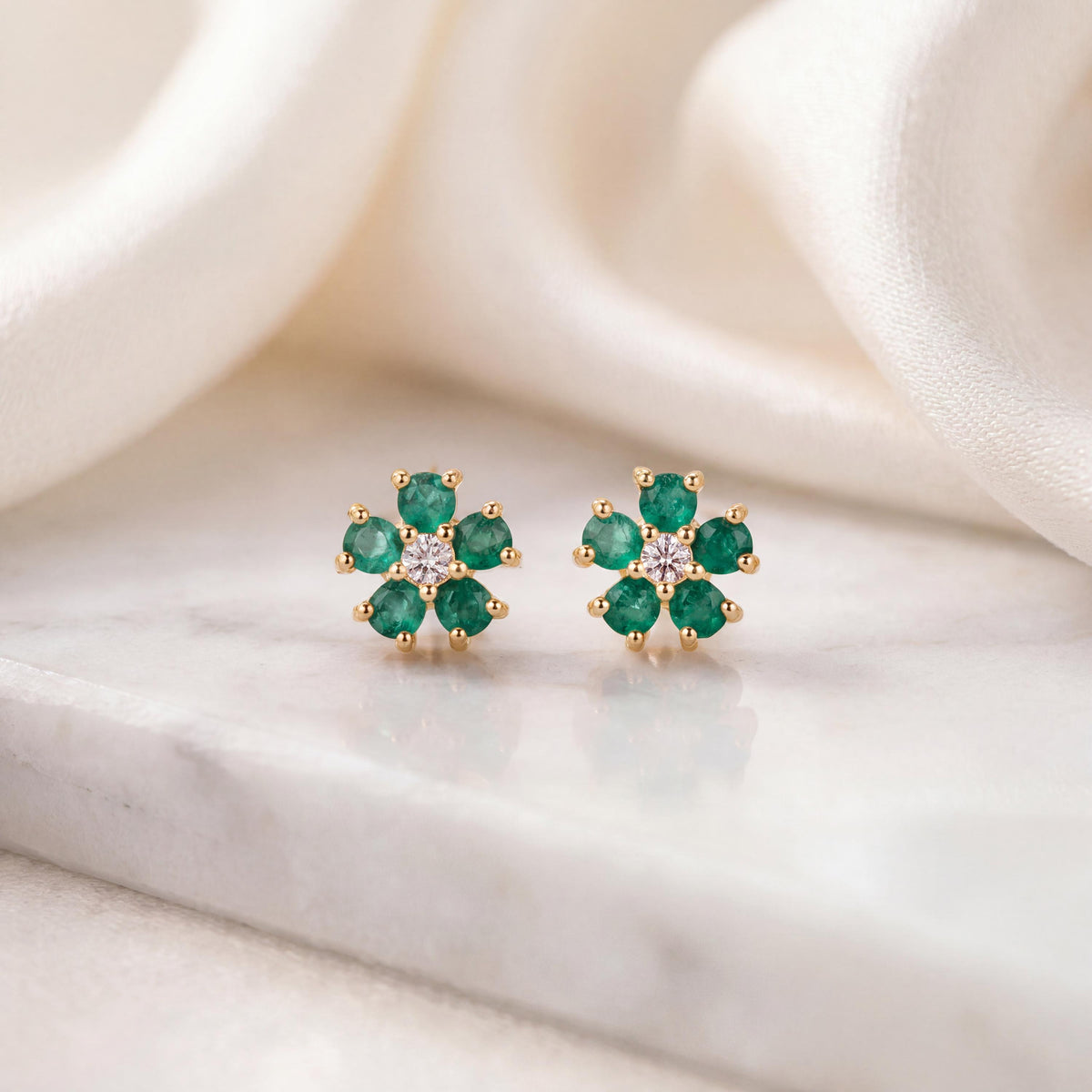 Genuine Emerald and Diamond Flower Stud Earrings in 14k Solid Gold