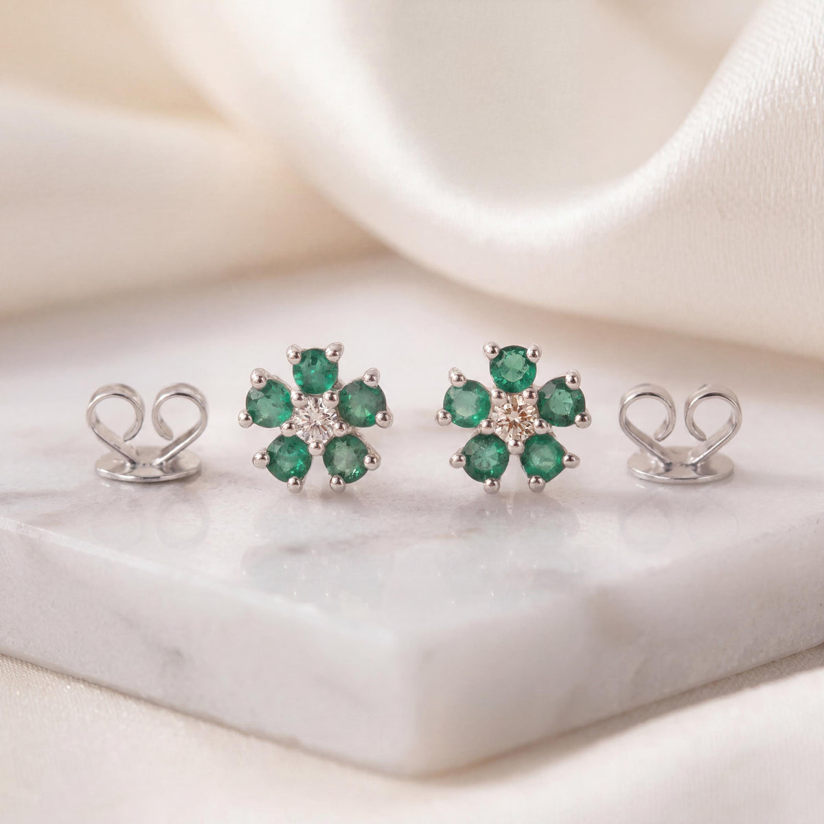 Genuine Emerald and Diamond Flower Stud Earrings in 14k Solid Gold