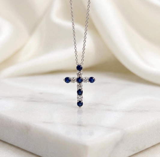 Genuine Sapphire and Diamond Cross Pendant in 14k Solid Gold