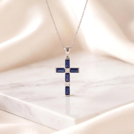 Genuine Sapphire and Diamond Baguette Cut Cross Pendant in 14k Solid Gold