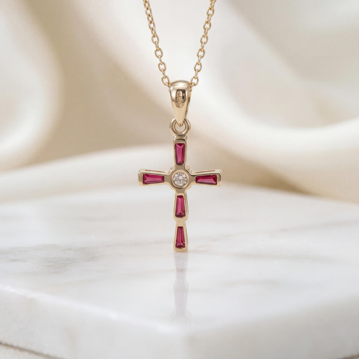 Genuine Ruby Diamond Baguette Cross Pendant (Mini) | 14k Solid Gold