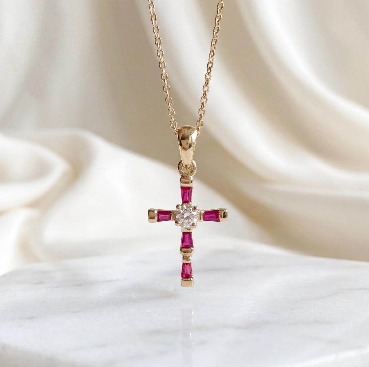 Genuine Ruby Diamond Baguette Cross Pendant (Mini) | 14k Solid Gold