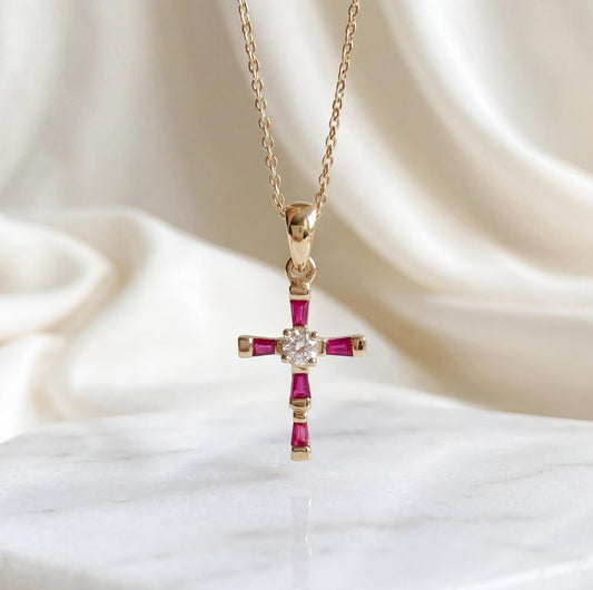 Genuine Ruby Diamond Baguette Cross Pendant (Mini) | 14k Solid Gold