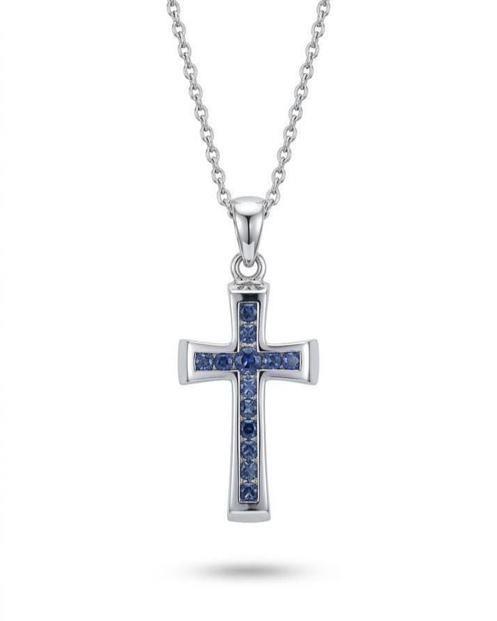 Genuine Sapphire Mini Tapered Cross Pendant in 18k Solid Gold