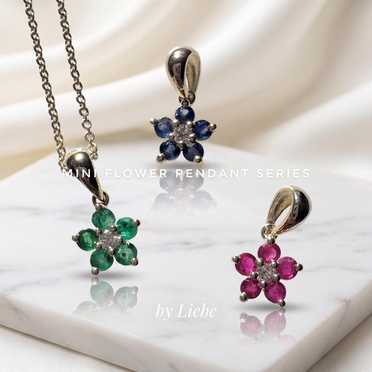 Genuine Sapphire and Diamond Flower Pendant (Mini) in 14k Solid Gold