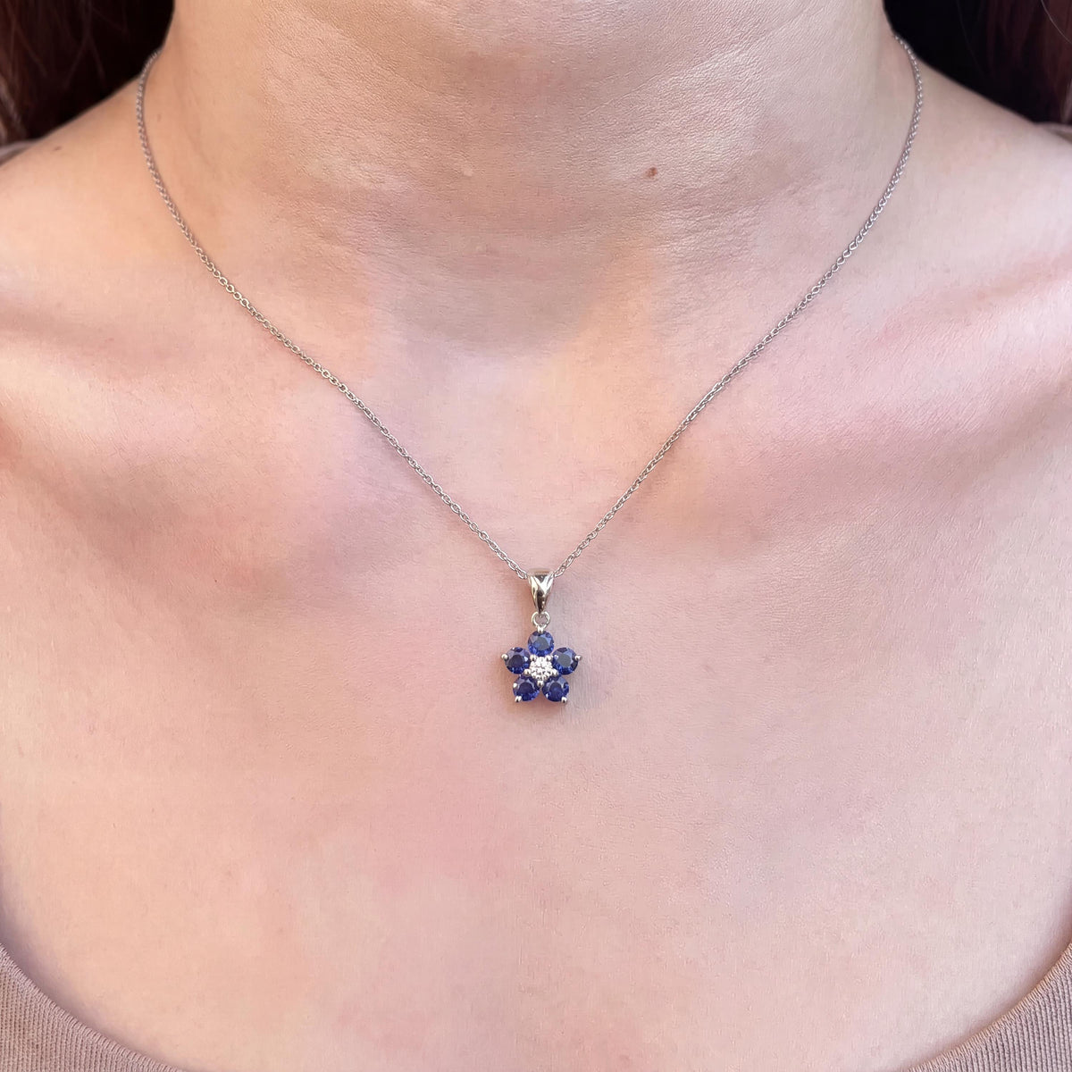 Genuine Sapphire and Diamond Flower Pendant (Mini) in 14k Solid Gold
