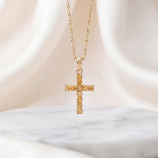 Genuine Orange Sapphire Cross Pendant (Medium) | 14k Solid Gold