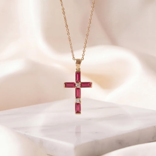 Genuine Ruby and Diamond Baguette Cut Cross Pendant in 14k Solid Gold