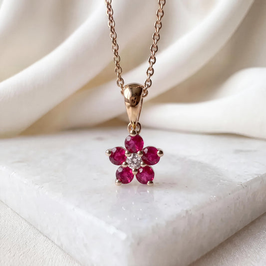 Genuine Ruby and Diamond Flower Pendant (Mini) | 14k Solid Gold