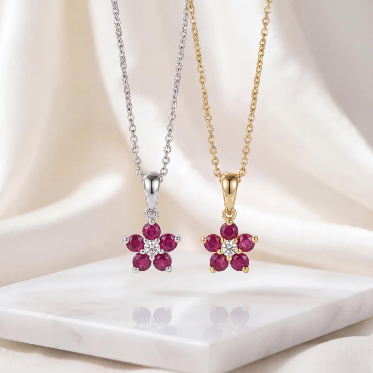 Genuine Ruby and Diamond Flower Pendant (Mini) | 14k Solid Gold