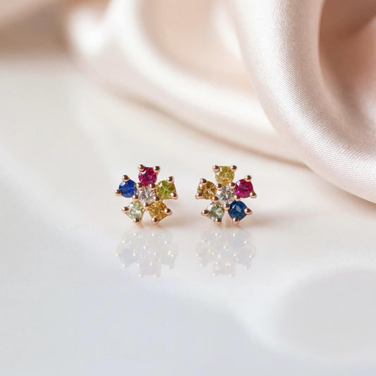 Genuine Rainbow Sapphire and Diamond Flower Stud Earrings in 14k Solid Gold