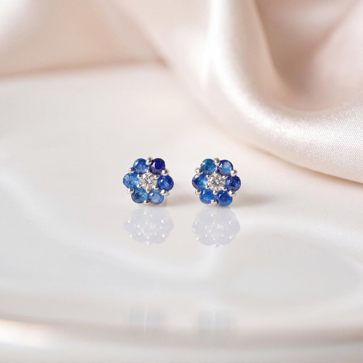 Genuine Sapphire and Diamond Flower Stud Earrings in 14k Solid Gold