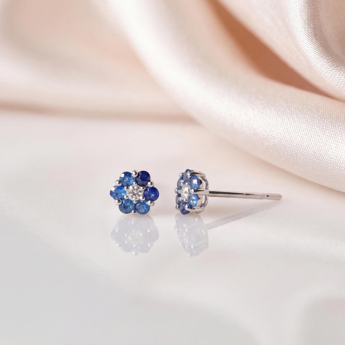 Genuine Sapphire and Diamond Flower Stud Earrings in 14k Solid Gold