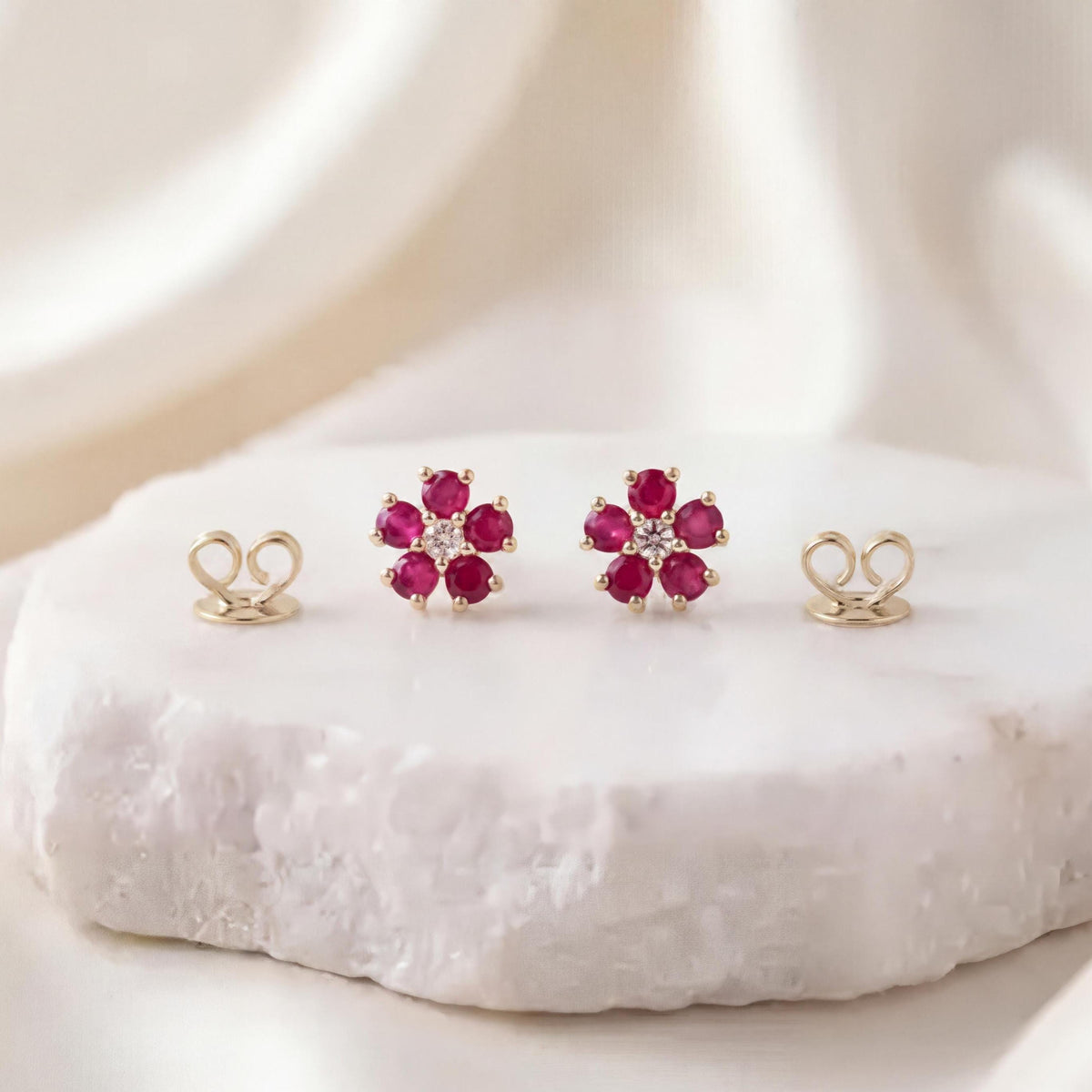 Genuine Ruby and Diamond Flower Stud Earrings / 14k Solid Gold