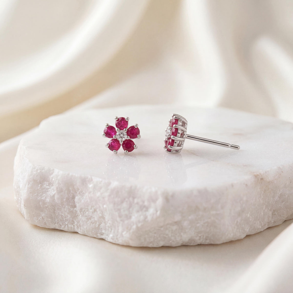 Genuine Ruby and Diamond Flower Stud Earrings / 14k Solid Gold