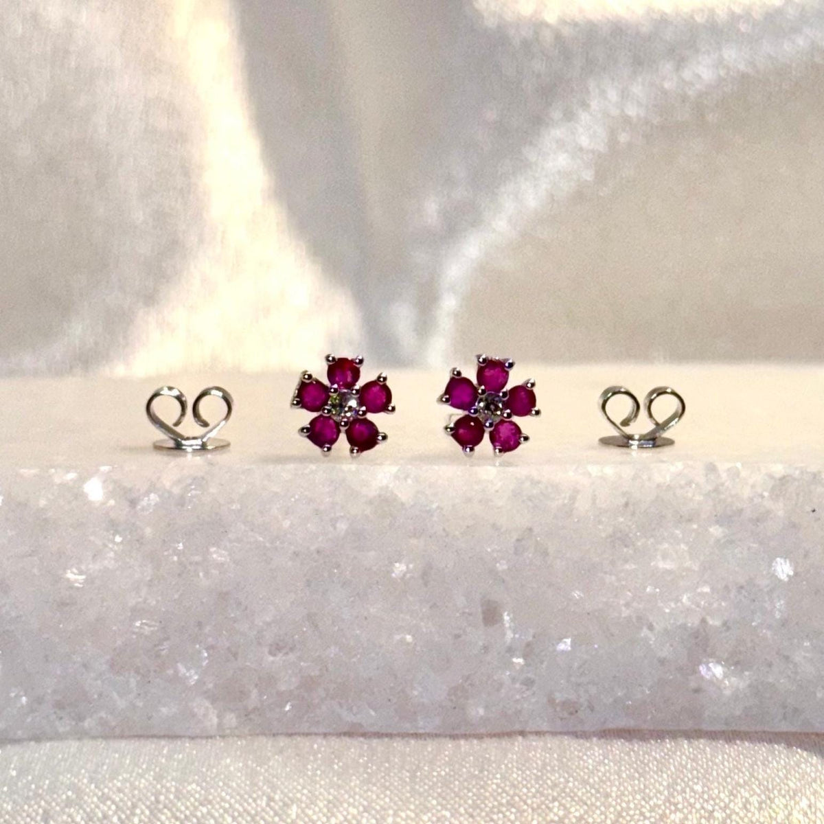 Genuine Ruby and Diamond Flower Stud Earrings / 14k Solid Gold