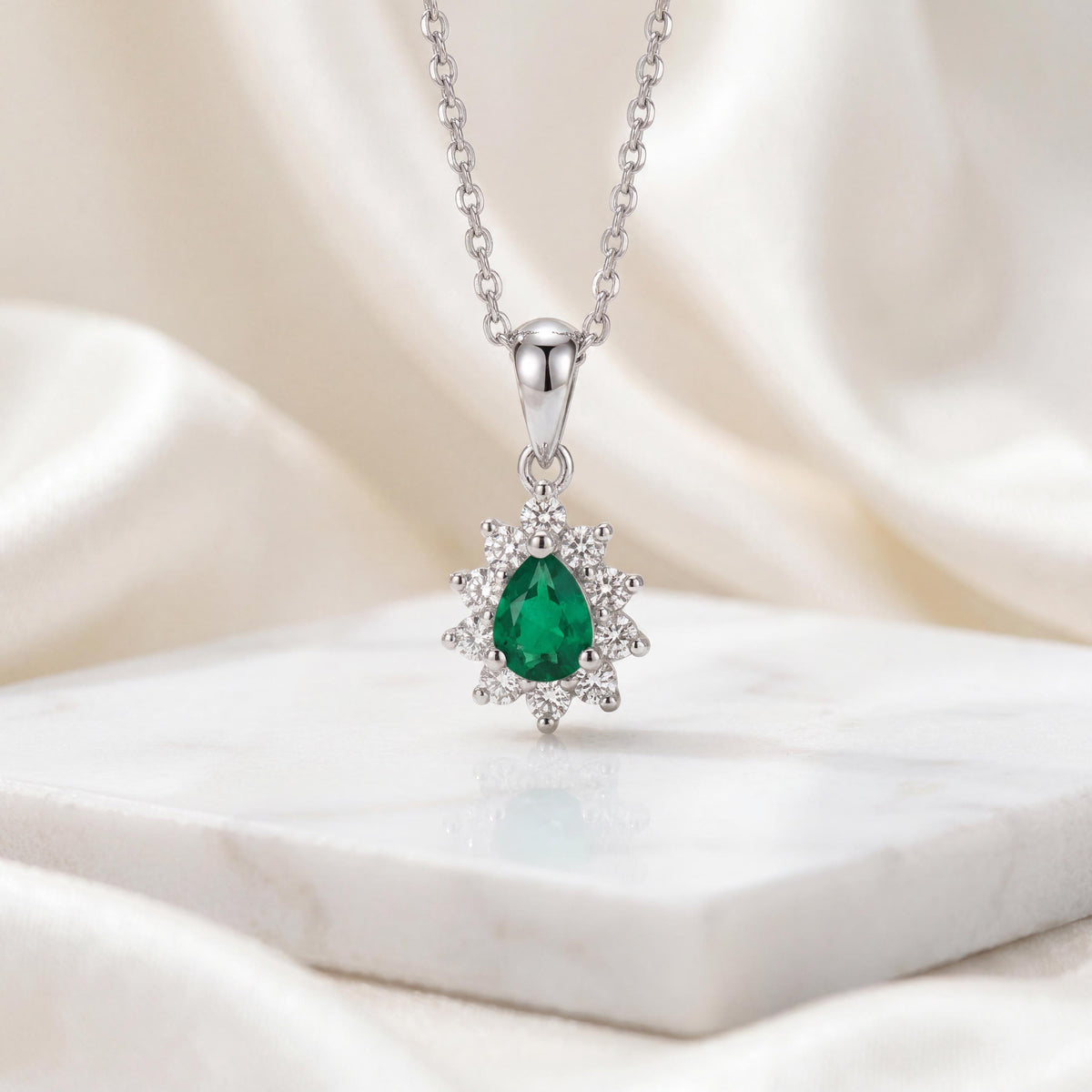 Genuine Emerald and Diamond Pear Cut Flower Pendant | 14k Solid Gold
