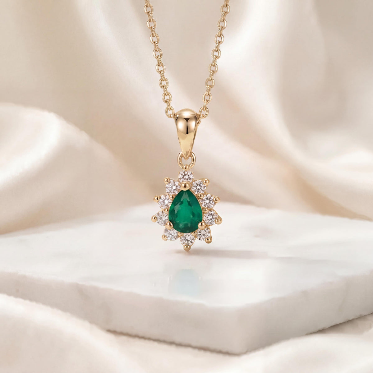 Genuine Emerald and Diamond Pear Cut Flower Pendant | 14k Solid Gold