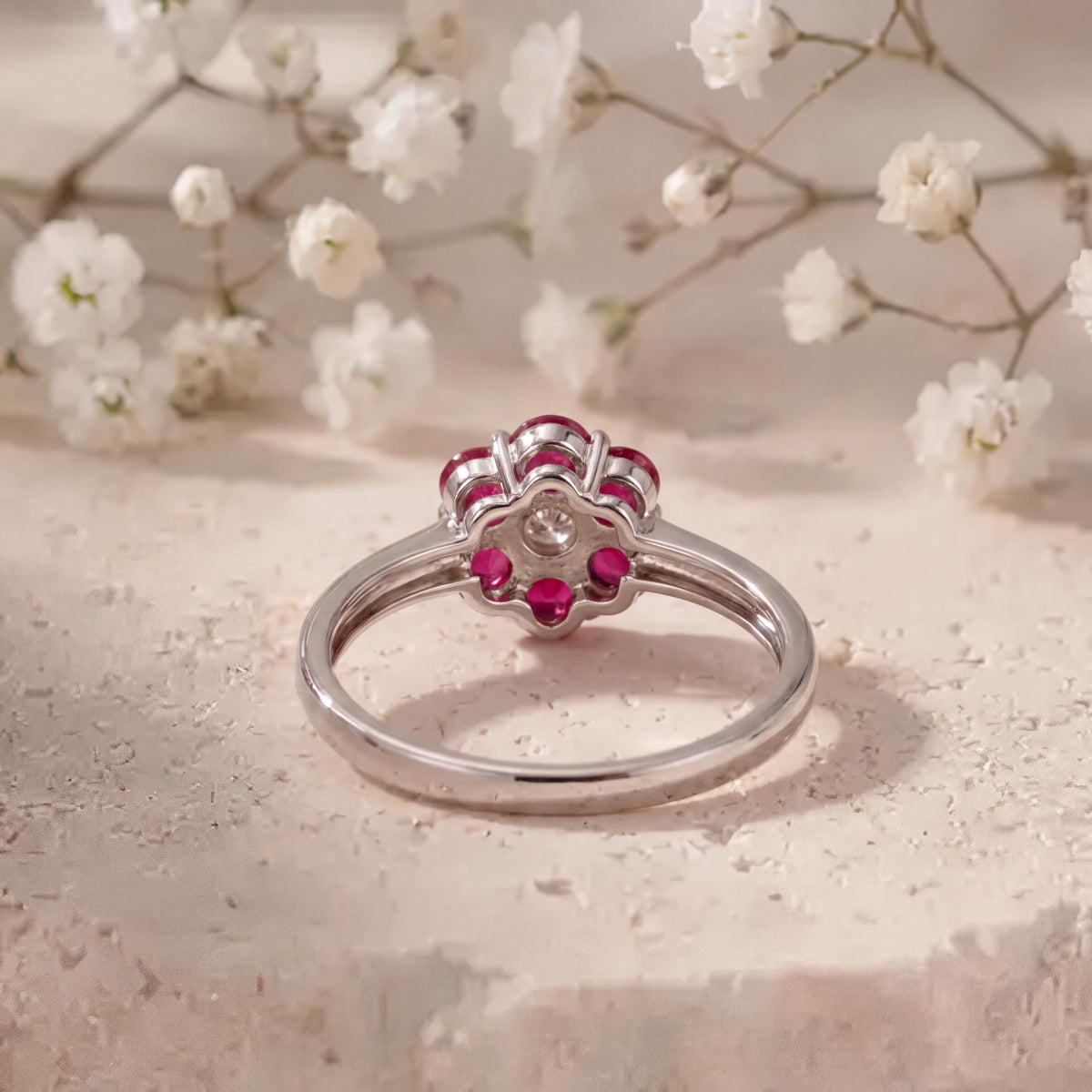 Genuine Ruby and Diamond Flower Ring in 18k Solid White Gold