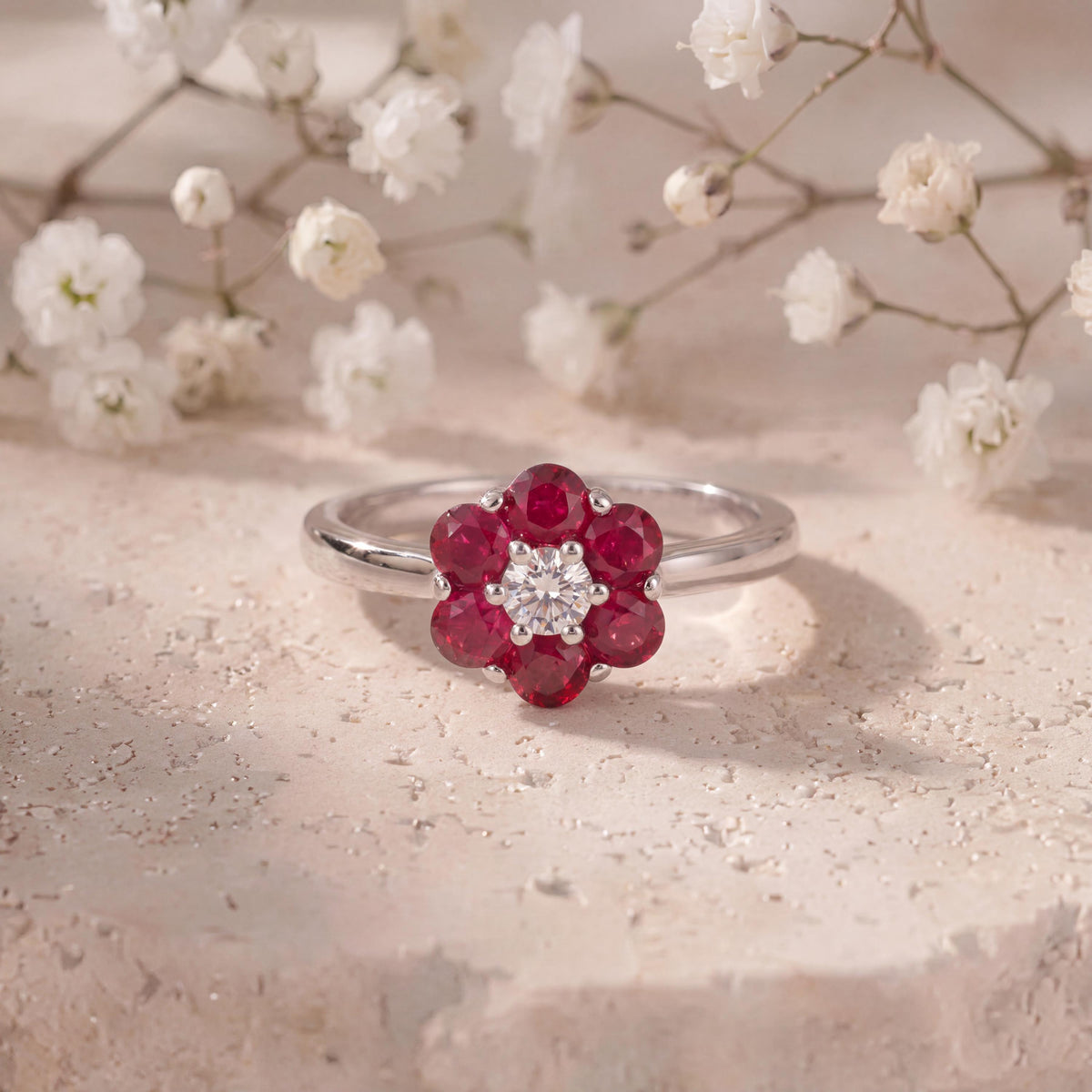 Genuine Ruby and Diamond Flower Ring in 18k Solid White Gold