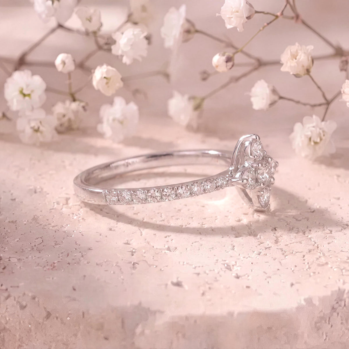 Genuine Diamond Flower Ring in 18k Solid White Gold