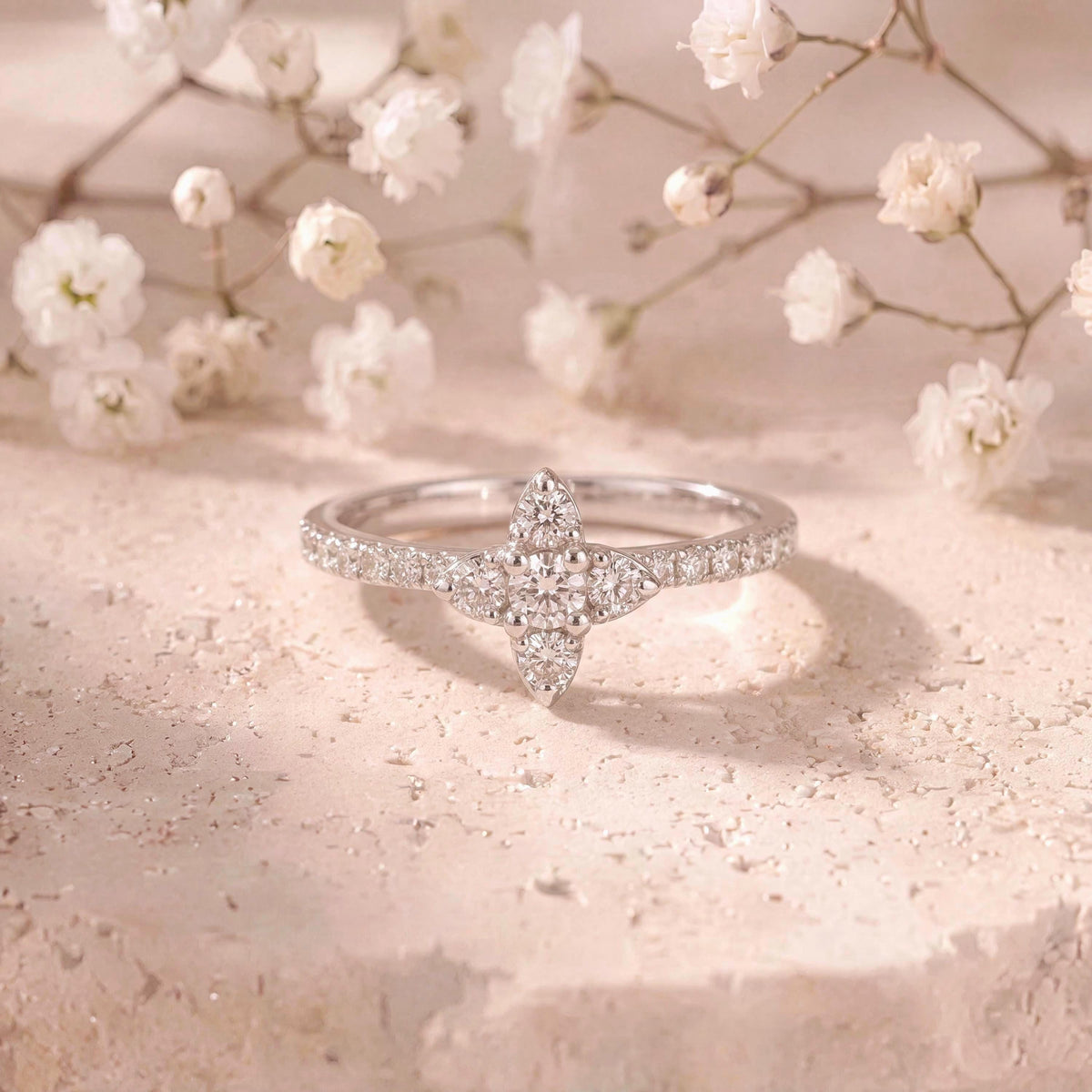 Genuine Diamond Flower Ring in 18k Solid White Gold