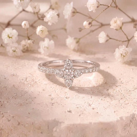Genuine Diamond Flower Ring in 18k Solid White Gold